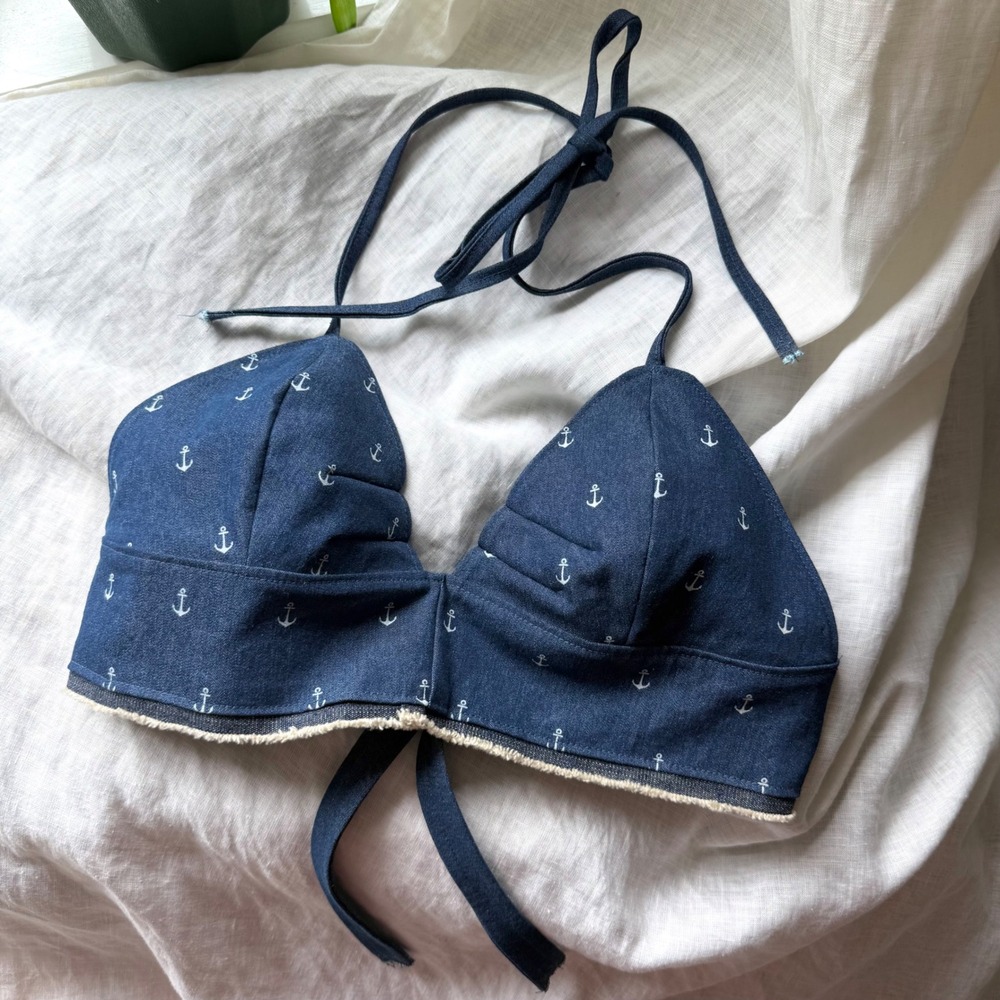 No label blue denim anchor sea nautical pinup retro mod halter neck bralette top